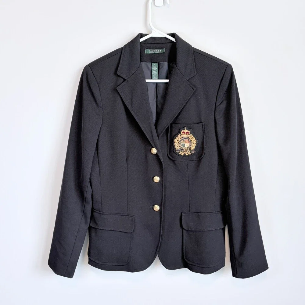 Lauren Ralph Lauren VTG Wool Crest Blazer Gold Button Preppy 90s Black Size 10 - Picture 2 of 16